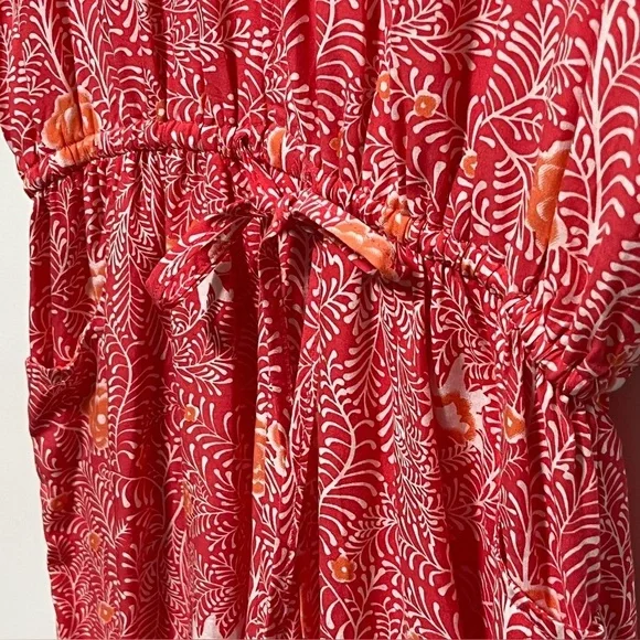 BeachGold Flowy flattering red Floral short sleeve elasticized drawstring Romper - Picture 8 of 12